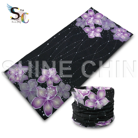 T-2085_黑底夢幻紫花頭巾 魔術頭巾